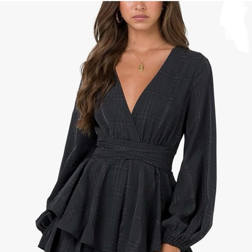 Womens Deep V Neck Long Sleeve  Ruffle Hem Flowy Swing Dress XL